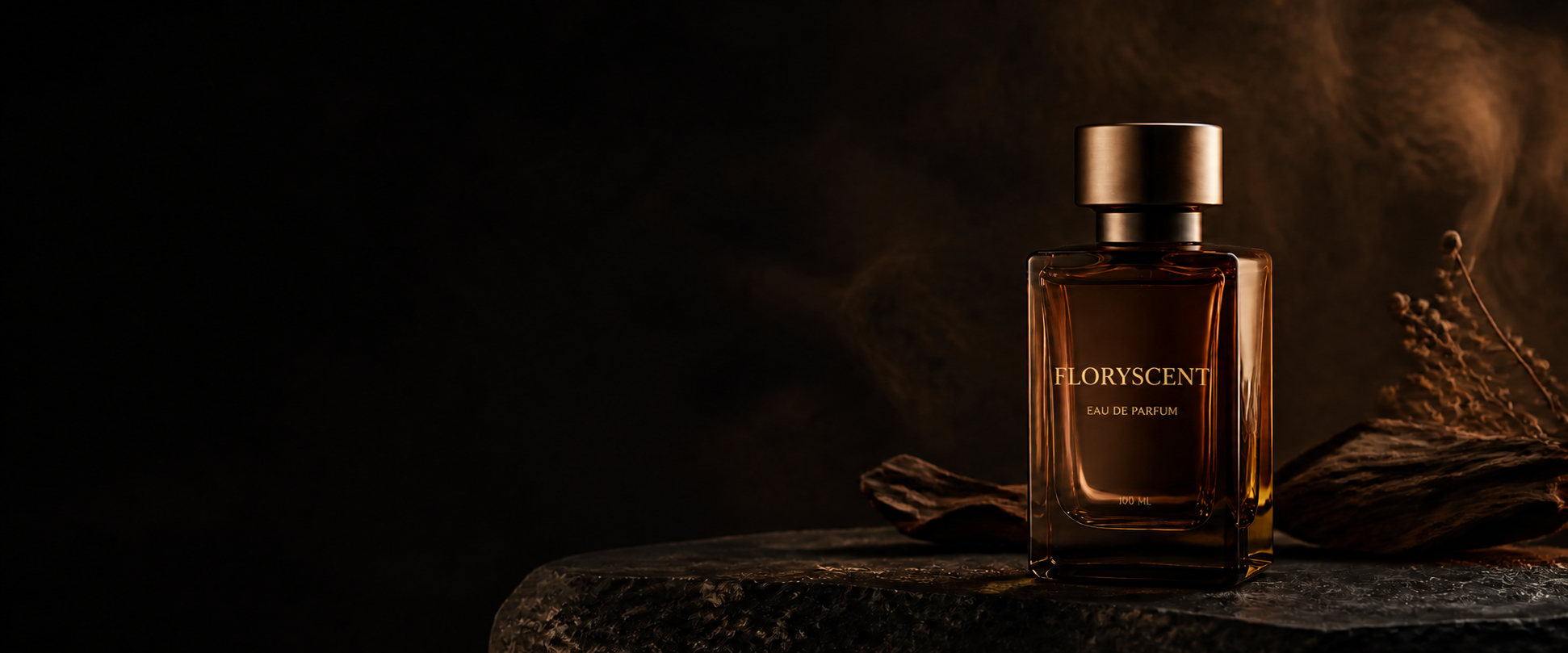 Amber perfume bottle arranged with oud wood in warm studio light